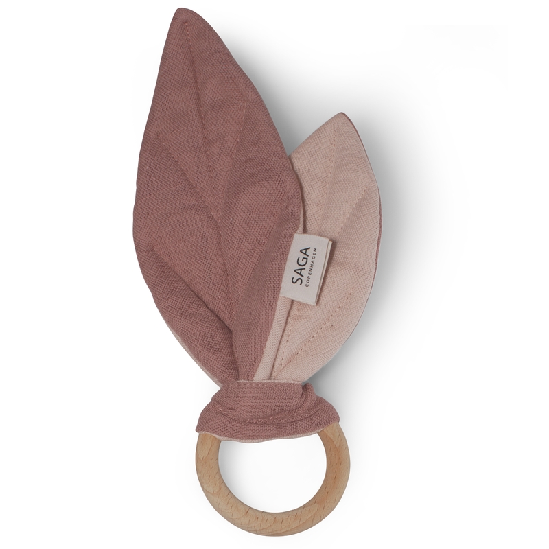 Beißring 'Blätter' Musselin altrosa 18cm