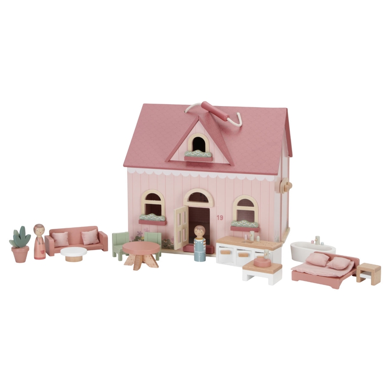 Tragbares Puppenhaus mit Möbeln rosa ab 3 Jahren