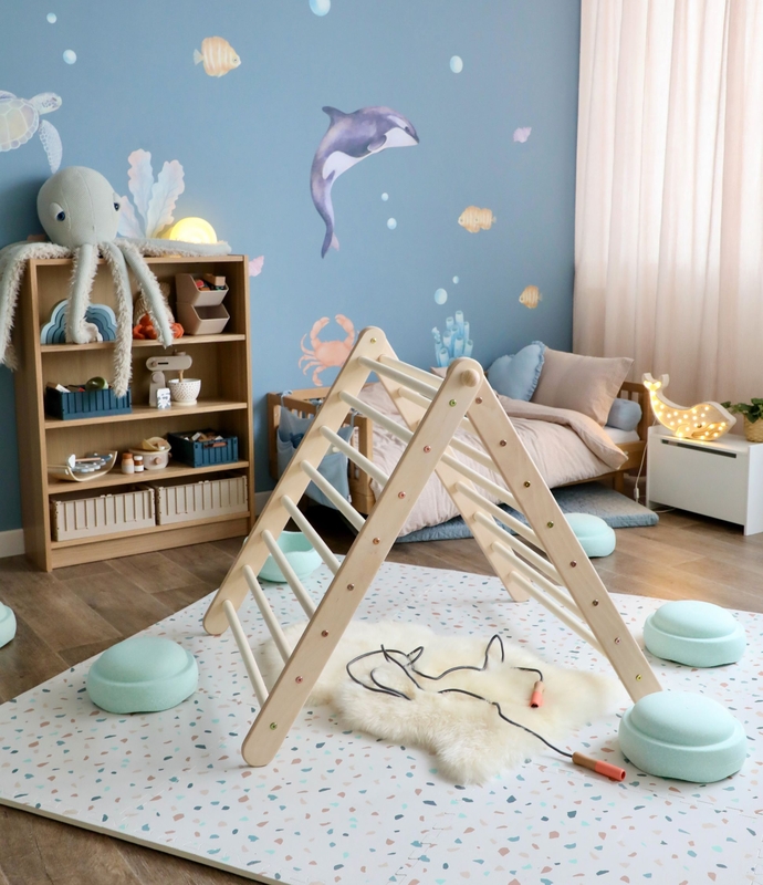 Kinderzimmer in Blau mit Unterwasser Wandstickern &amp; Spielecke