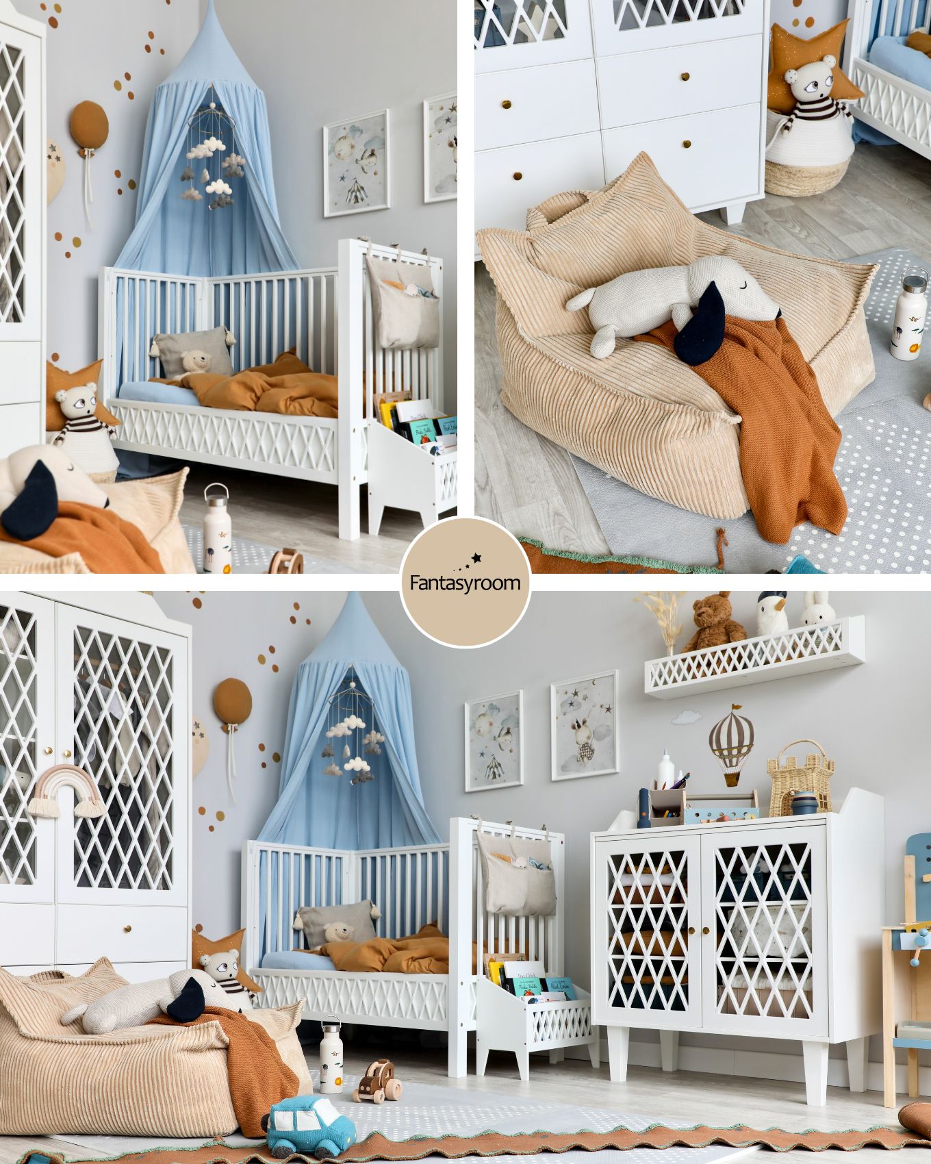 Kinderzimmer in Hellblau, Camel und Grau mit weißen Möbeln, Spielzeug und Sitzsack