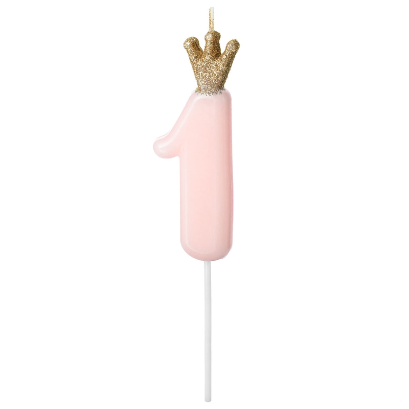 Kuchenkerze Ziffer 1 mit Krone rosa