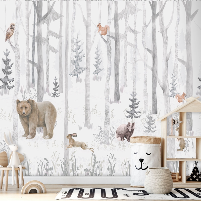 Kinder Fototapete &#039;Wald&#039; grau/beige 318x280cm