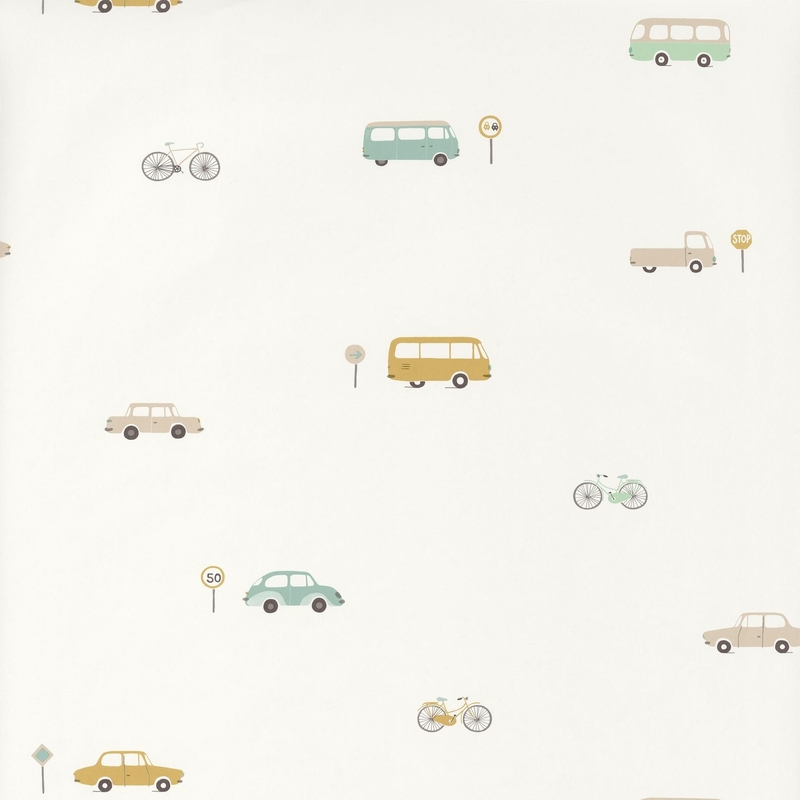 Tapete 'Happy Dreams' Fahrzeuge mint/ocker