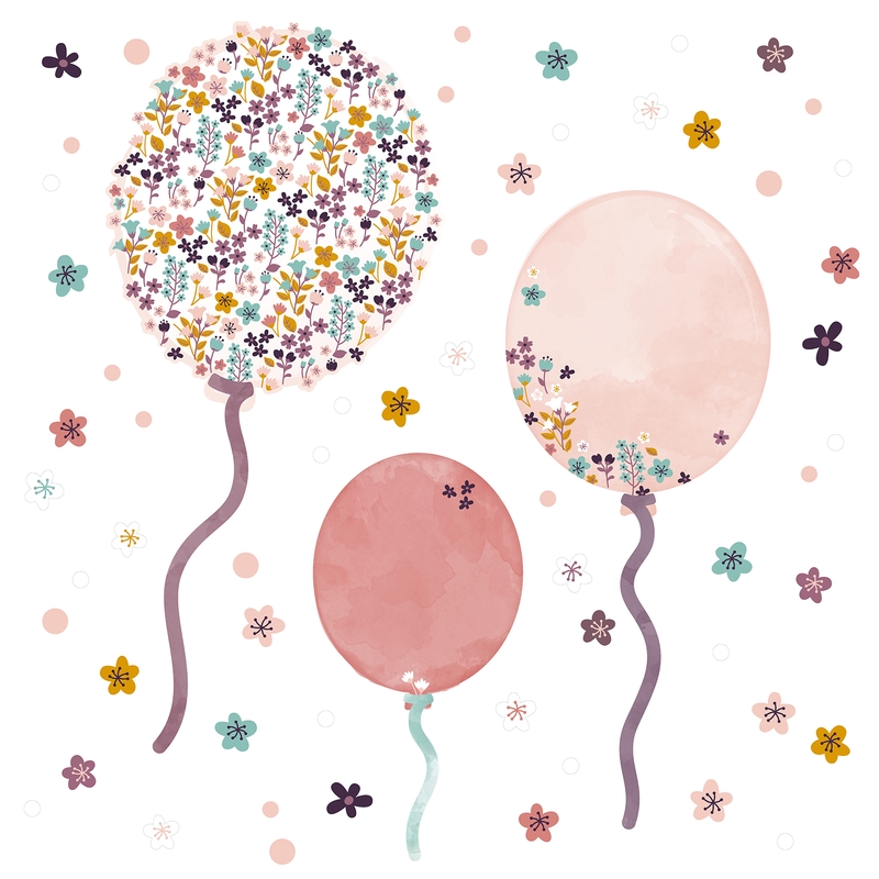 Wandtattoo aus Stoff &#039;Blumen-Luftballons&#039; rosa