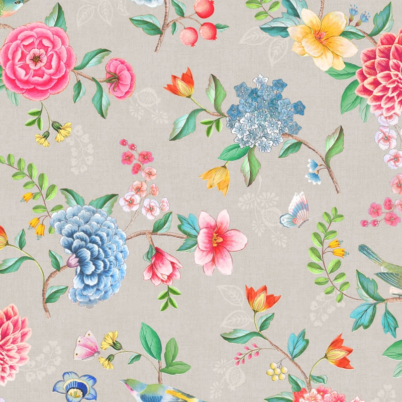 Vinyltapete 'Blumen' warmgrau/blau/rosa