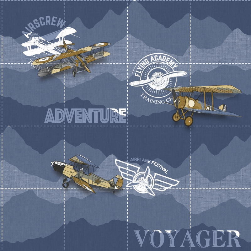 Vliestapete &#039;Flugzeuge&#039; dunkelblau/gold