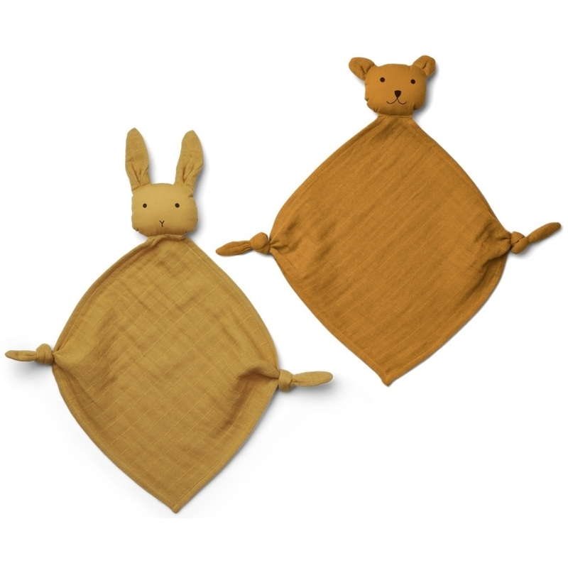 Schnuffeltuch-Set 'Hase & Bär' senfgelb/cognac