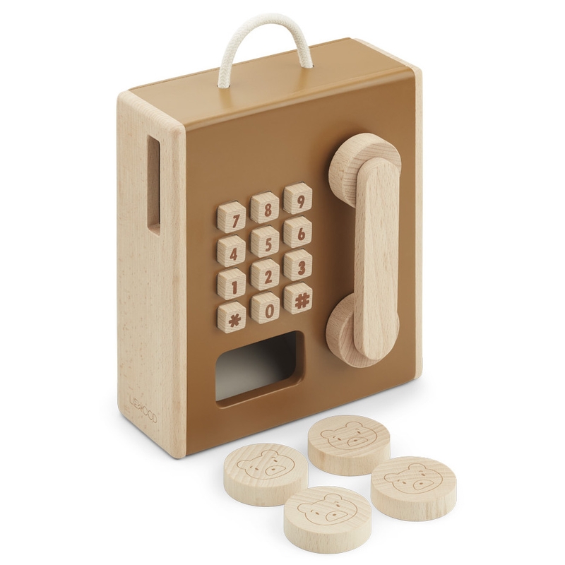Spiel-Telefon aus Holz golden caramel