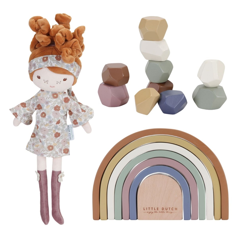 Spielset mit Regenbogen, Puppe &amp; Holzsteinen